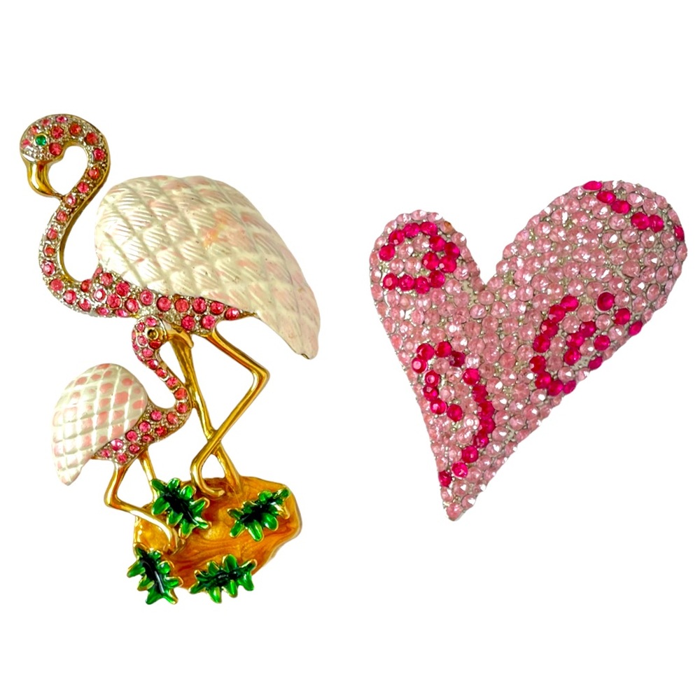 Vintage Flamingo Mother & Baby and Swirled Heart Brooches